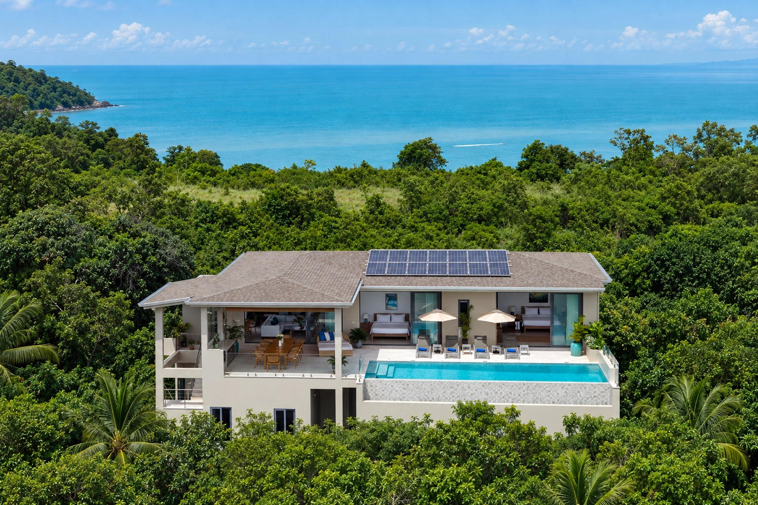 Villa Parichart surrounded by greenery and sea, digitally widened view